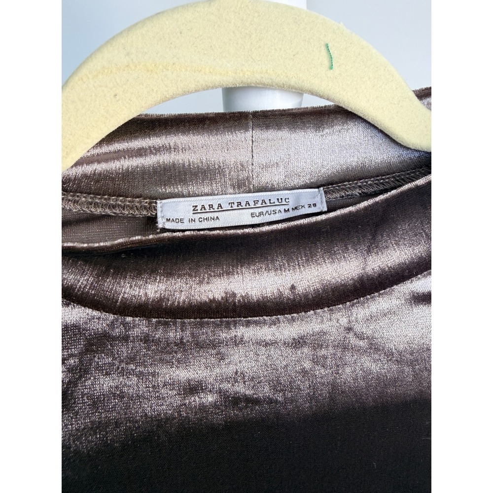 Zara Trafaluc Womens Velvet Mock Neck Mini Dress Taupe Brown Short Sleeve Medium - Picture 5 of 6